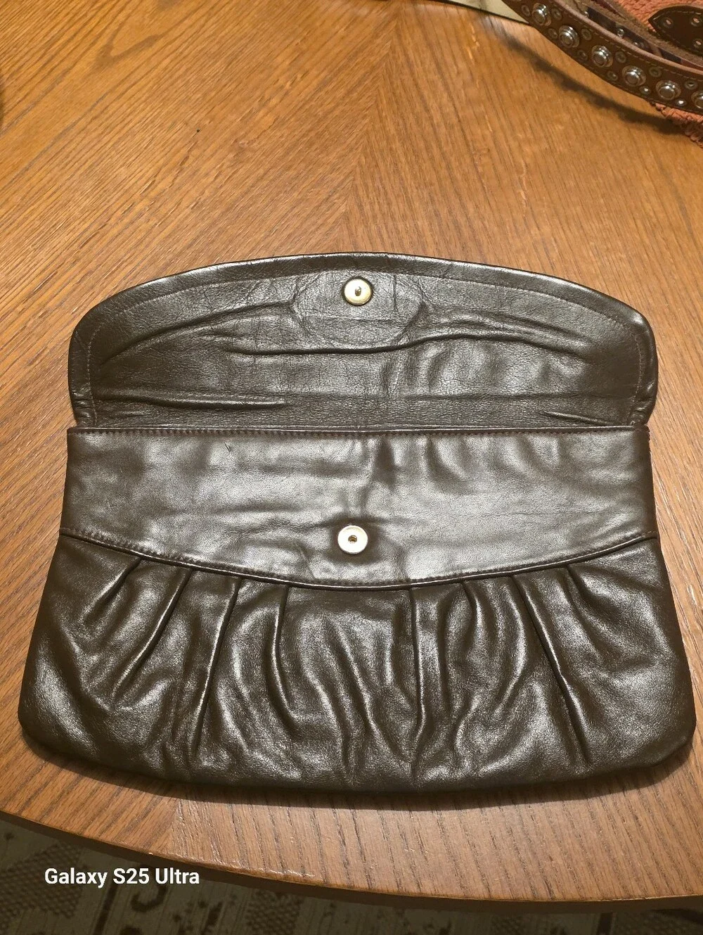 Vintage Mid- Century Brown Leather Ruched Clutch Bag EUC